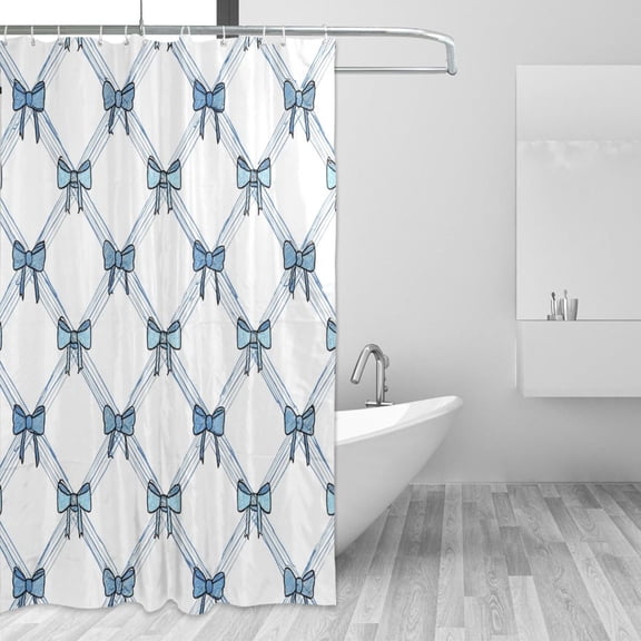 Diagonal Blue Stripes Bows Shower Curtains with 12 Hooks Waterproof Bathroom Decor 66" x 72"