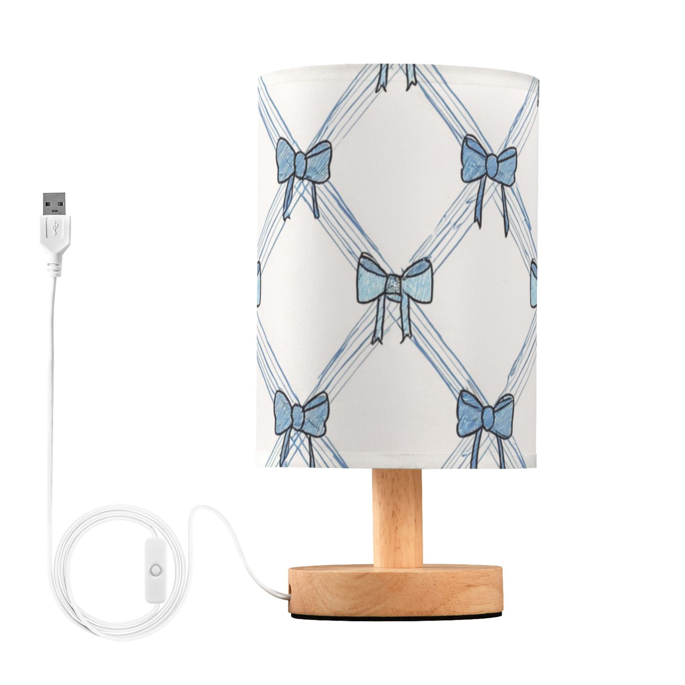 Diagonal Blue Stripes Bows Table Lamp with USB Port LED Warm Light Lamp ...