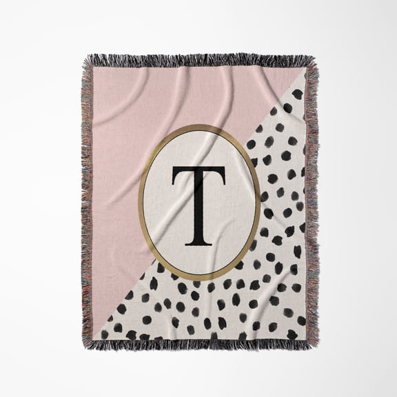 Diagonal Pink Letter T Monogram Elegant Black And White Polka Dots, Woven Blanket
