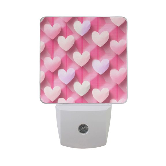 Diagonal Pink Plaids Valentine Hearts LED Night Light Sensor Lamp Plug-in Adjustable Brightness 2 Pack