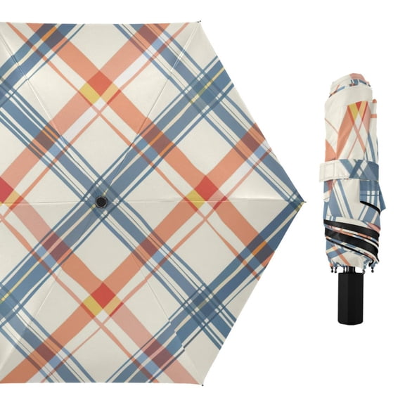 Diagonal Plaid All Weather Umbrella Triple Folding Parasol 6 Ribs UV Protection Portable