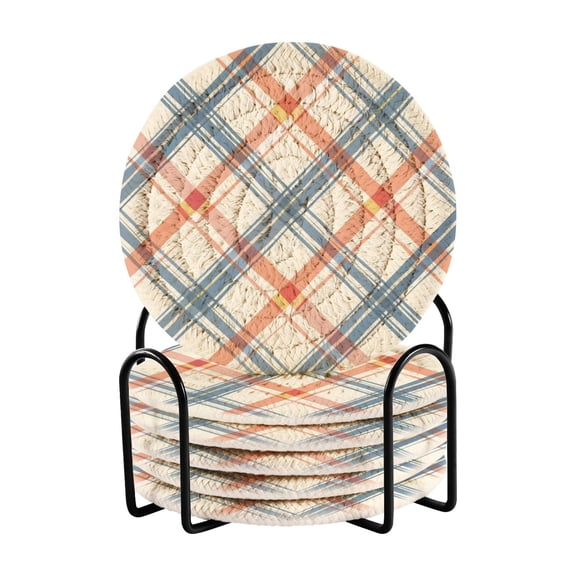 Diagonal Plaid Drinking Coasters Cup Mat with Holder for Kitchen Cafe Bar 6 Packs
