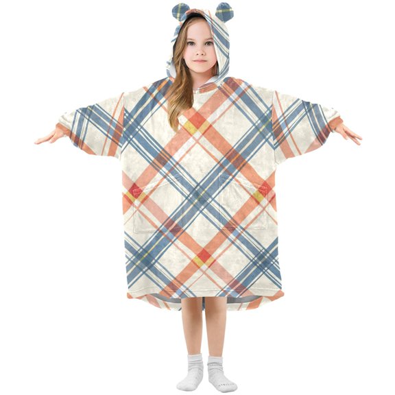 Diagonal Plaid Flannel Wearable Blankets Hooded Design Long Sleeves Wrap Unisex for 3T-14Y L