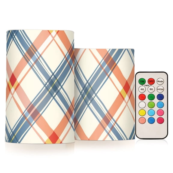 Diagonal Plaid Flickering Flameless Candles LED Tealight Battery Operated with Remote Set of 2 Holiday Decor Ornaments
