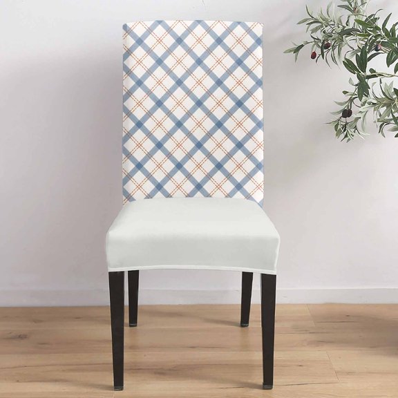 Diagonal Plaid Grid Dining Chair Covers Set of 1, Modern Minimalist Blue Beige Gingham Check Chair Covers for Dining Room Removable Seat Protectors Slipcovers for Home Party Wedding Banquet