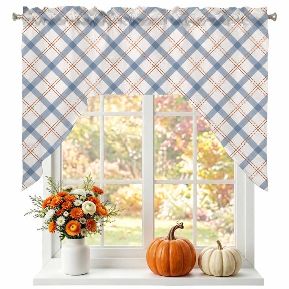 Diagonal Plaid Grid Swag Valances for Windows 56 x 36 Inch, Modern Minimalist Blue Beige Gingham Check Rod Pocket Light Filtering Window Topper for Kitchen Bathroom Bedroom Living Room