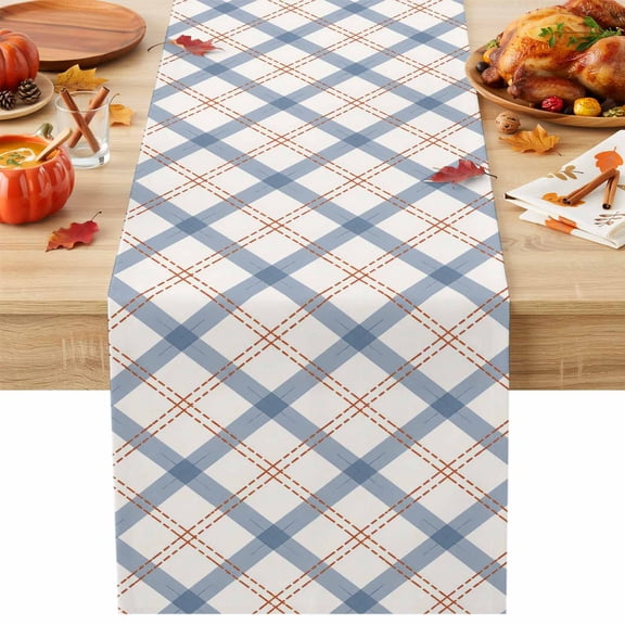 Diagonal Plaid Grid Table Runner 13x36 Inch Modern Minimalist Blue Beige Gingham Check Cotton Linen Dining Table Runner Ideal for Dresser Kitchen Coffee Tables - Machine Washable