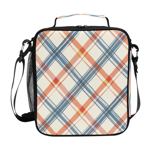 Diagonal Plaid Insulated Lunch Bag Reusable Lunch Box Lunch Container with Straps