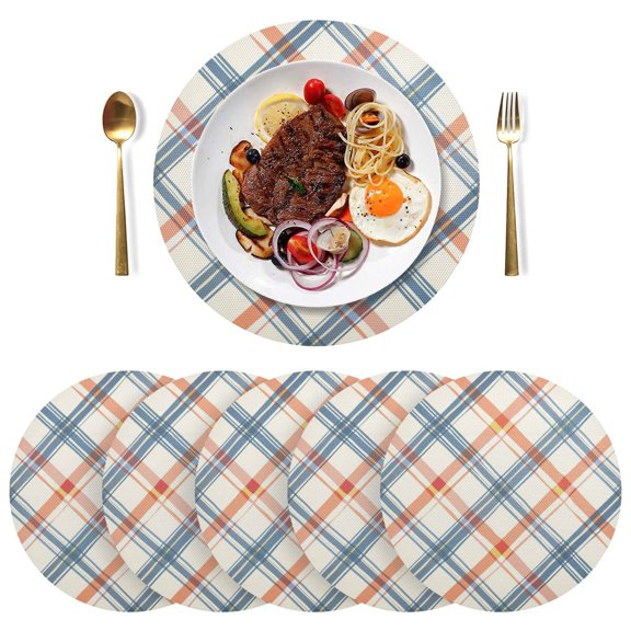 Diagonal Plaid PVC Round Grid Placemat Table Mat Set 6 Pcs 15.4" x 15.4"