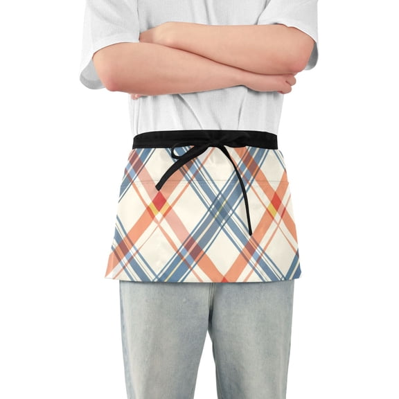 Diagonal Plaid Short Server Apron with 3 Pockets for Unisex Chef Gardening