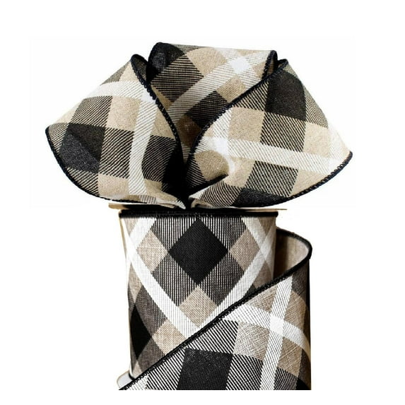 Diagonal Plaid Wired Christmas Ribbon - 4 inch x 10 Yards, Tan Black and White, Fall, Christmas, Wreath