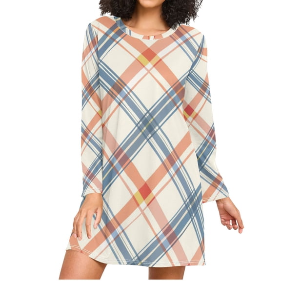 Diagonal Plaid Women's Long Sleeves Nightgowns Sleepwear Soft Pajama A-line Sleep Dress M