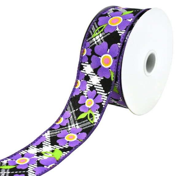 Diagonal Plaid and Flowers Wired Ribbon, 1-1/2-inch, 10-yard, Purple