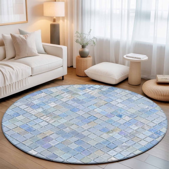 Diagonal Square Tile 8' Round Rugs for Open Concept Living Room Seating Zone, Blue Lavender Diamond Grid Pattern Boho Washable Non Slip Mats Large Circle Lounge Area Area Rug