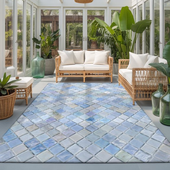 Diagonal Square Tile 9'x12' Area Rugs for Living Room Sectional Sofa, Blue Lavender Diamond Grid Pattern Boho Washable Sturdy Non Slip Soft Sturdy Rectangle Home Area Rug