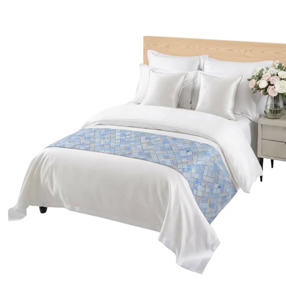 Diagonal Square Tile Bed Runner for Bedroom, Blue Lavender Diamond Grid Pattern Boho Decorative Satin Bed Runners & Scarves for Foot of Twin Beds Bedding Throws for Hotel Guest Room 71" x 20"