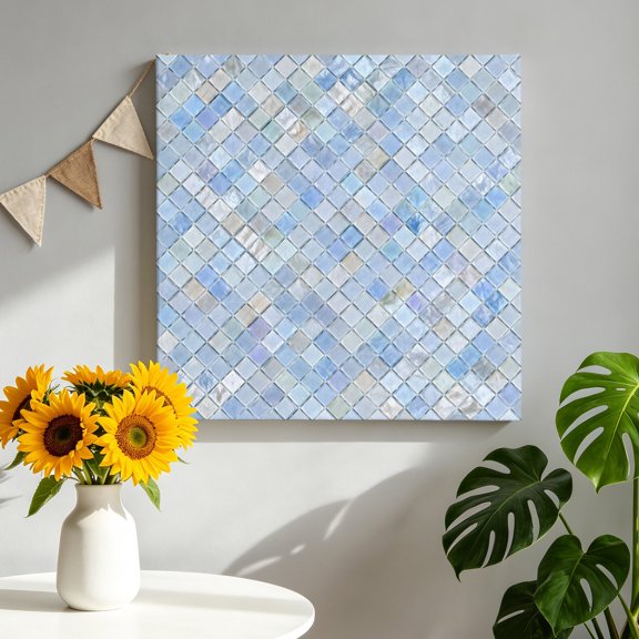 Diagonal Square Tile Canvas Wall Art, Blue Lavender Diamond Grid Pattern Boho Framed Canvas Wall Decor Picture Print Artwork Decorations for Living Room Office Ready to Hang 12" x 12"