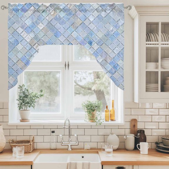 Diagonal Square Tile Swag Valance for Windows, Blue Lavender Diamond Grid Pattern Boho Swag Curtains Valances for Small Window Treatment Rod Pocket for Kitchen Bathroom 1 Panel 56x36in