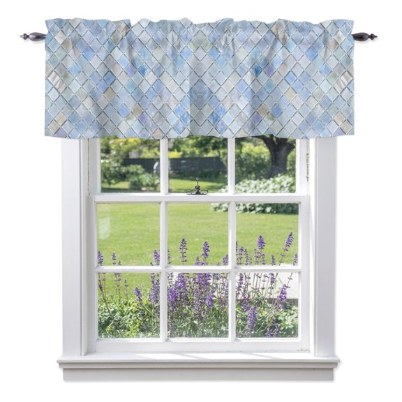 Diagonal Square Tile Valances for Windows, Blue Lavender Diamond Grid Pattern Boho Valance Window Treatment Rod Pocket Short Curtains Valances for Kitchen Bathroom 42"W x 12"L