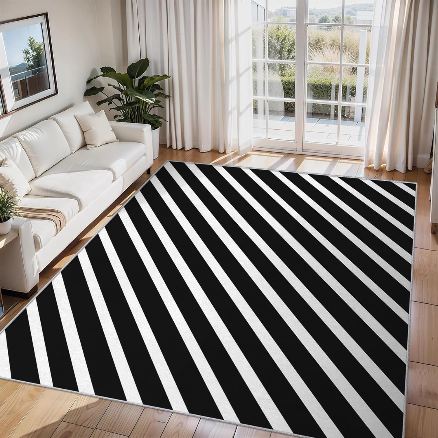 Diagonal Stripe Area Rug Black White Line Carpet Washable Non Slip Soft ...