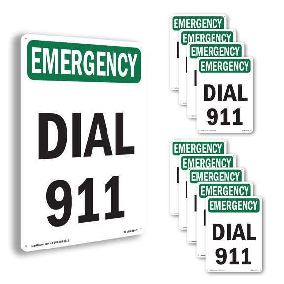 Dial 911 OSHA Emergency Aluminum Sign 14 Inch x 10 Inch - 10 Pack