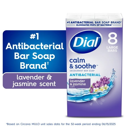 Dial Antibacterial Bar Soap, Calm & Soothe Lavender & Jasmine Deodorant Bar, 4oz (8 Bars)