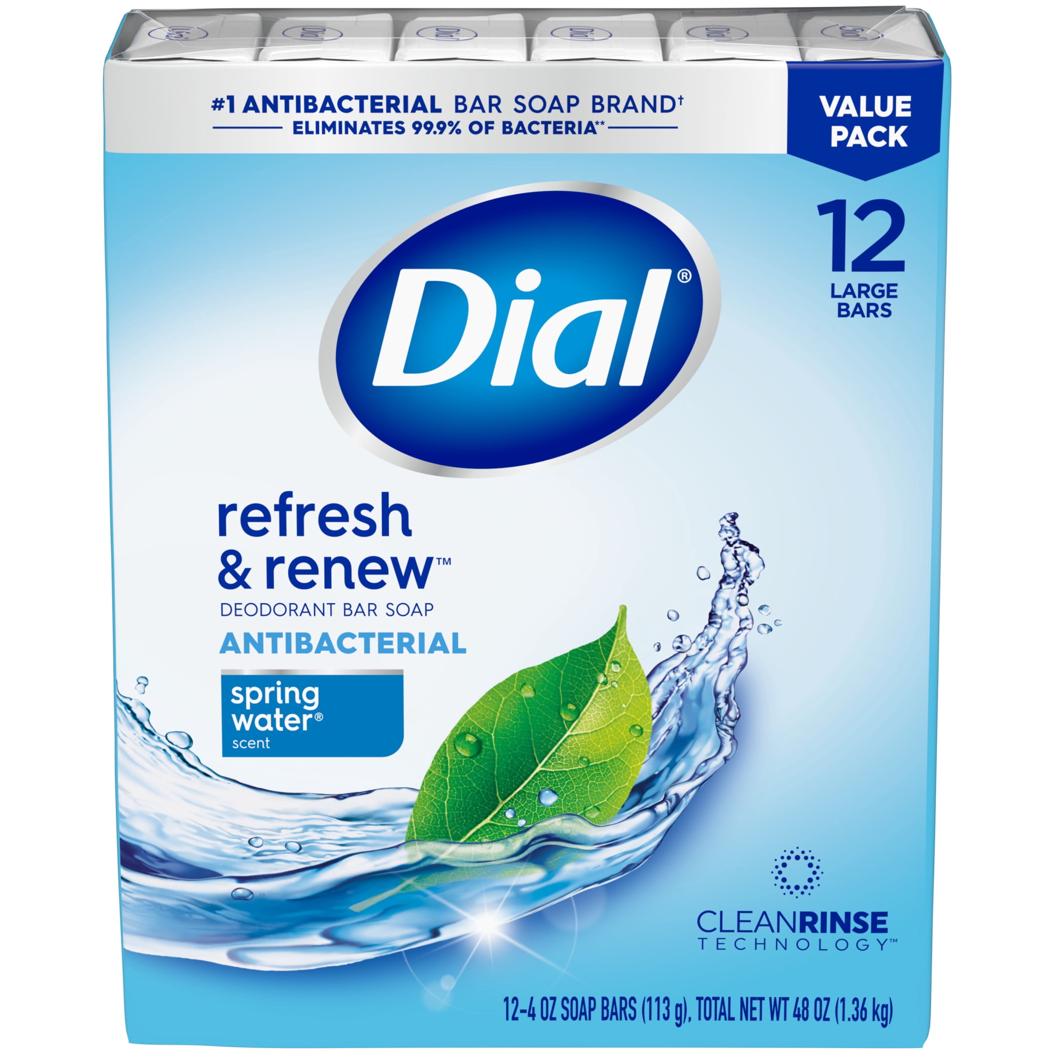 Dial Antibacterial Bar Soap, Refresh & Renew Spring Water Deodorant Bar, 4 oz (12 Bars)