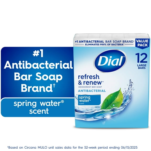 Dial Antibacterial Bar Soap, Refresh & Renew Spring Water Deodorant Bar, 4 oz (12 Bars)