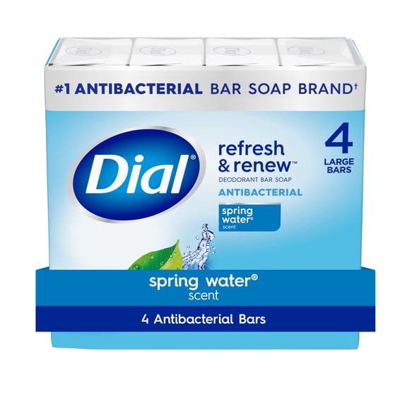 Dial Antibacterial Bar Soap, Refresh & Renew Spring Water Deodorant Bar, 4 oz (4 Bars)