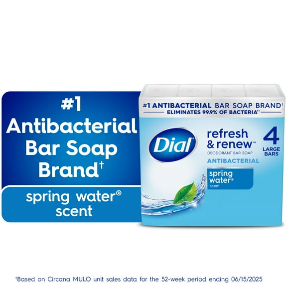 Dial Antibacterial Bar Soap, Refresh & Renew Spring Water Deodorant Bar, 4 oz (4 Bars)