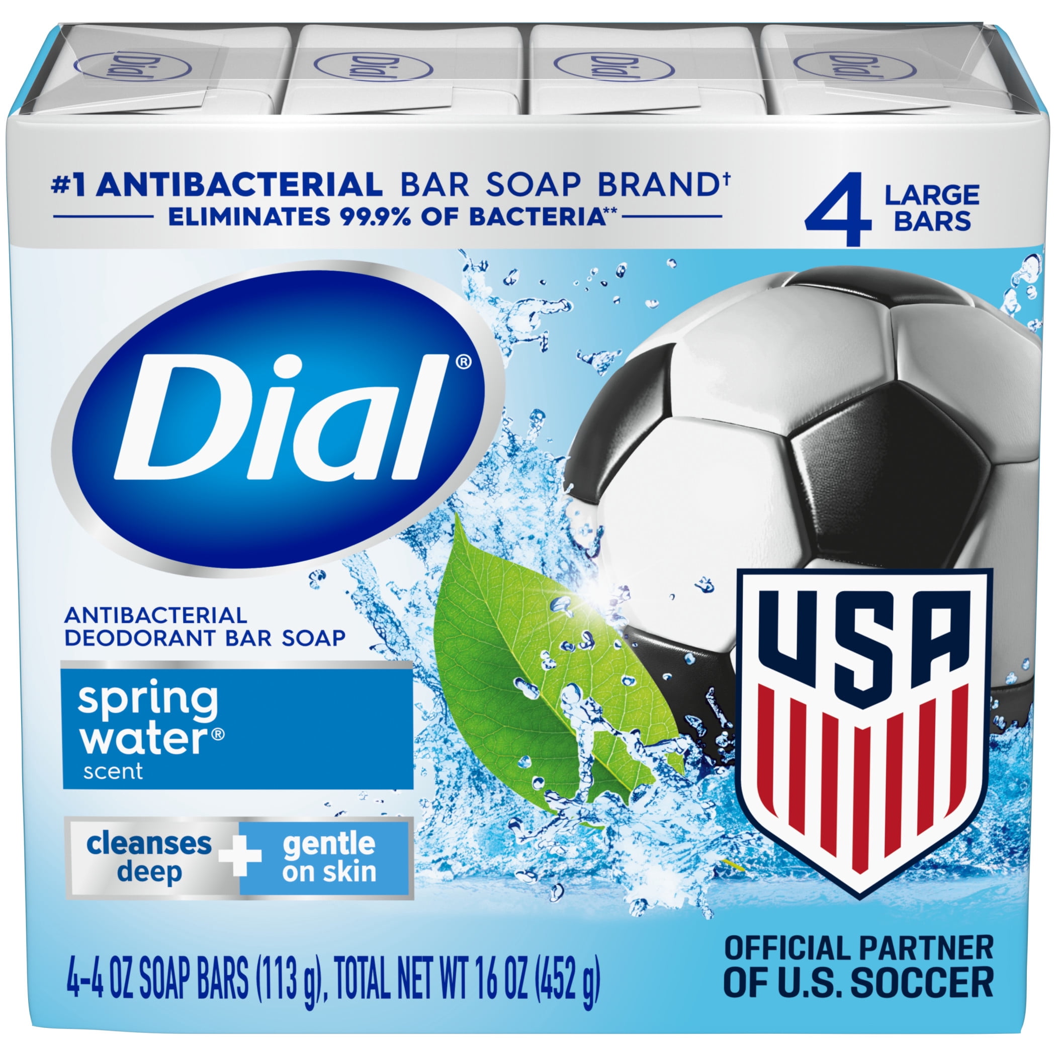 Dial Antibacterial Bar Soap, Refresh & Renew Spring Water Deodorant Bar, 4 oz (4 Bars)