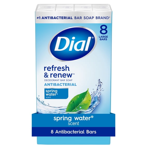 Dial Antibacterial Bar Soap, Refresh & Renew Spring Water Deodorant Bar, 4 oz (8 Bars)