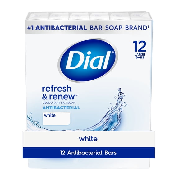 Dial Antibacterial Bar Soap, Refresh & Renew White Deodorant Bar, 4 oz (12 Bars)