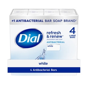 Dial Antibacterial Bar Soap, Refresh & Renew White Deodorant Bar, 4 oz (4 Bars)