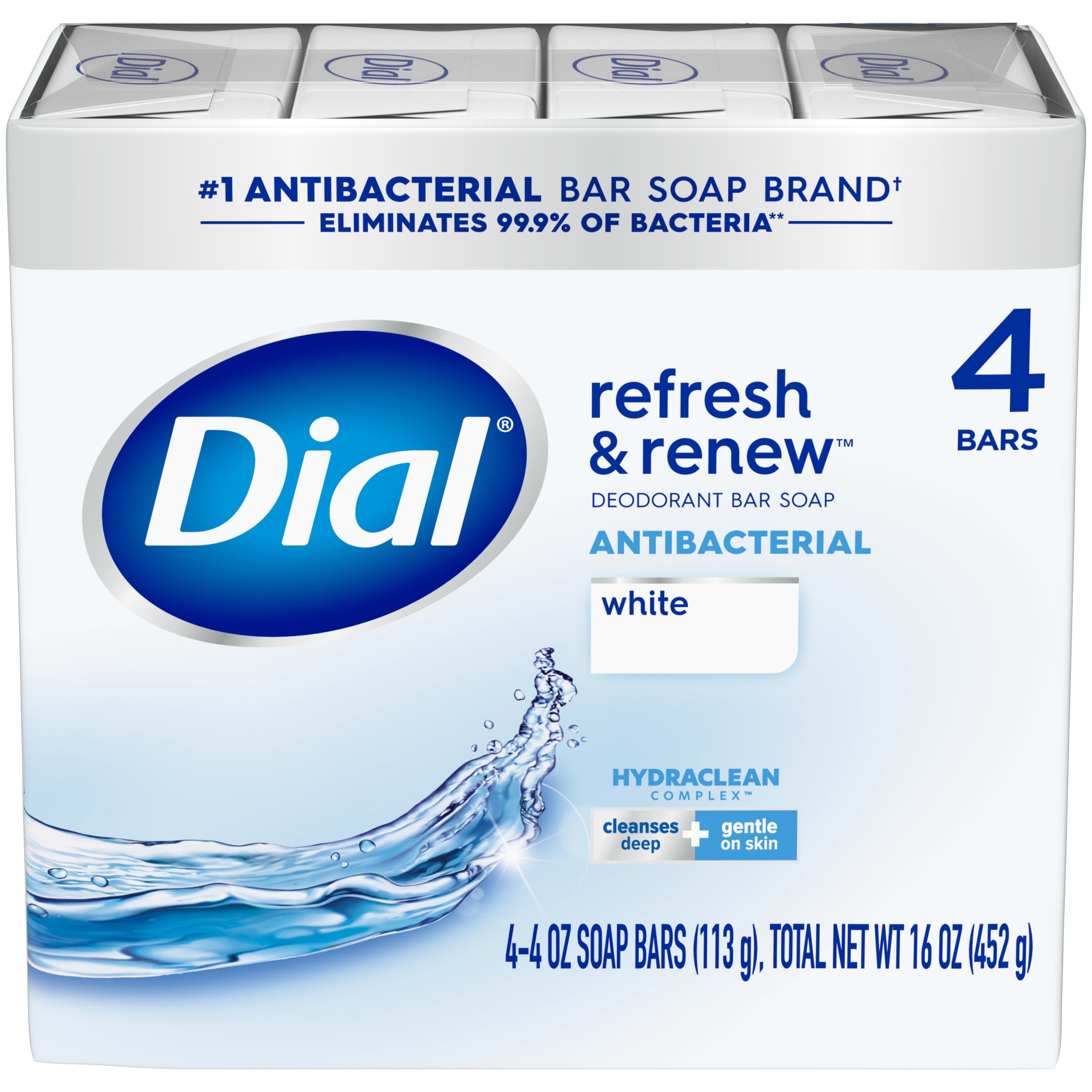Dial Antibacterial Body Wash Bar Soap, Refresh & Renew, White, 4 oz, 4