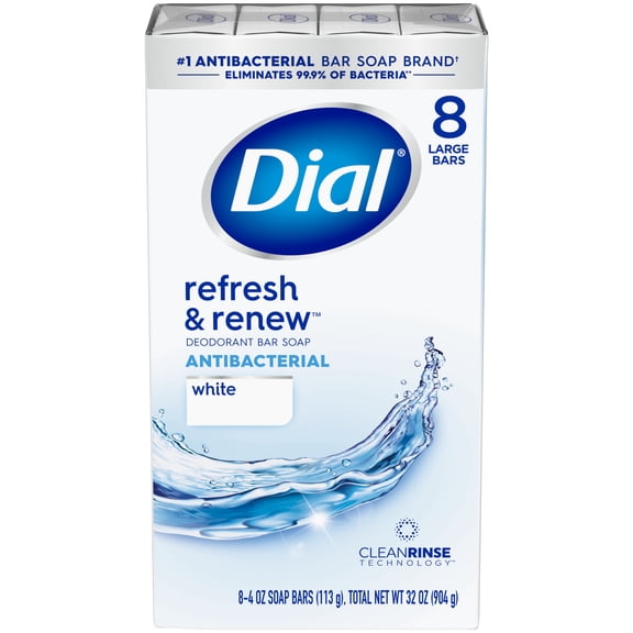 Dial Antibacterial Bar Soap, Refresh & Renew White Deodorant Bar, 4 oz (8 Bars)