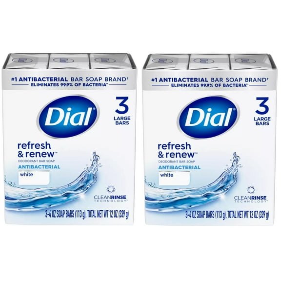Dial Antibacterial Bar Soap, Refresh & Renew, White, 3 - 4 OZ Soap Bars - 2 Pack