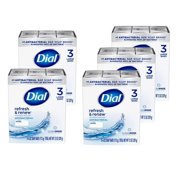 Dial Antibacterial Bar Soap, Refresh & Renew, White, 3 - 4 OZ Soap Bars (Pack of 5)
