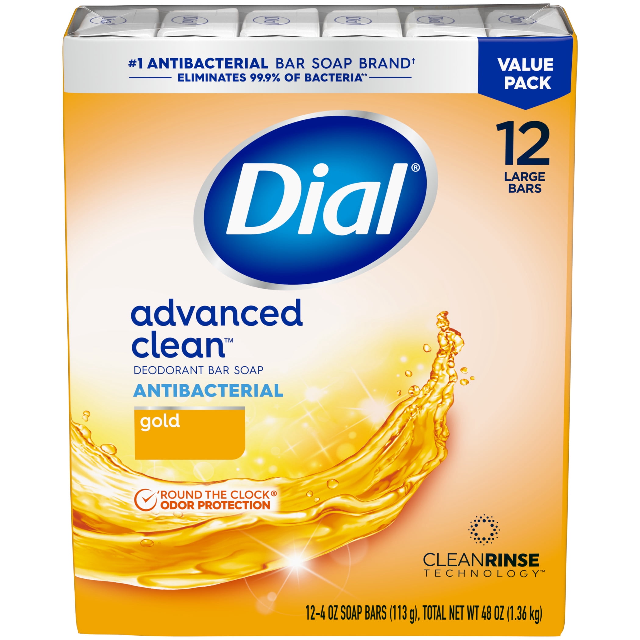 Dial Gold Antibacterial Deodorant Bar Soap, Advanced Clean Deep Cleanse Bar, 4 oz, 12 Bars