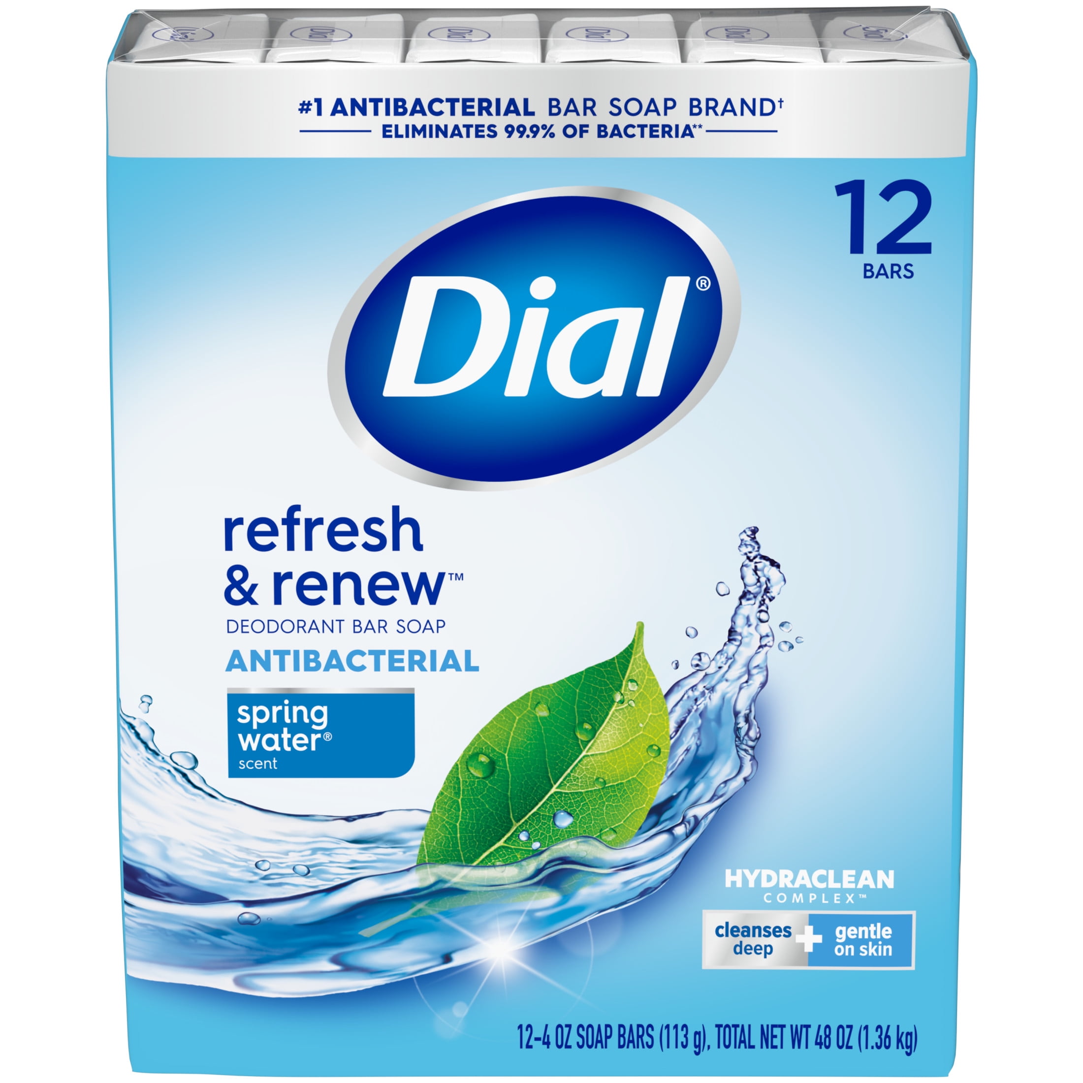 Dial Antibacterial Bar Soap Refresh Renew Spring Water 4 oz 12 Bars