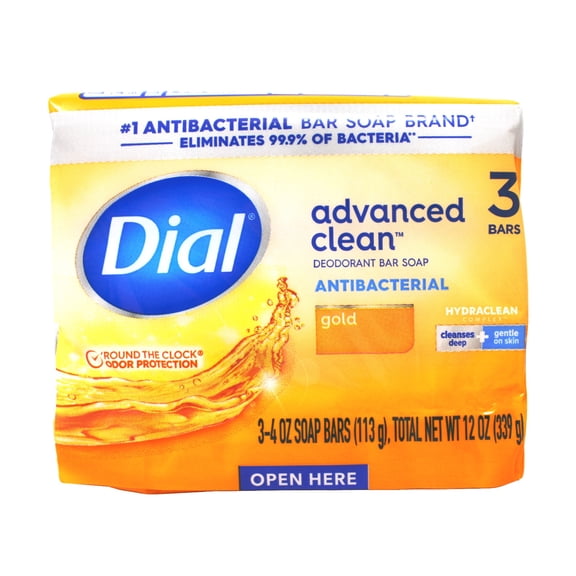 Dial Advanced Clean Antibacterial Deodorant Bar Soap, Gold, Odor Protection, 3 Bars, 4 oz Each, Total 12 oz (Pack of 12)
