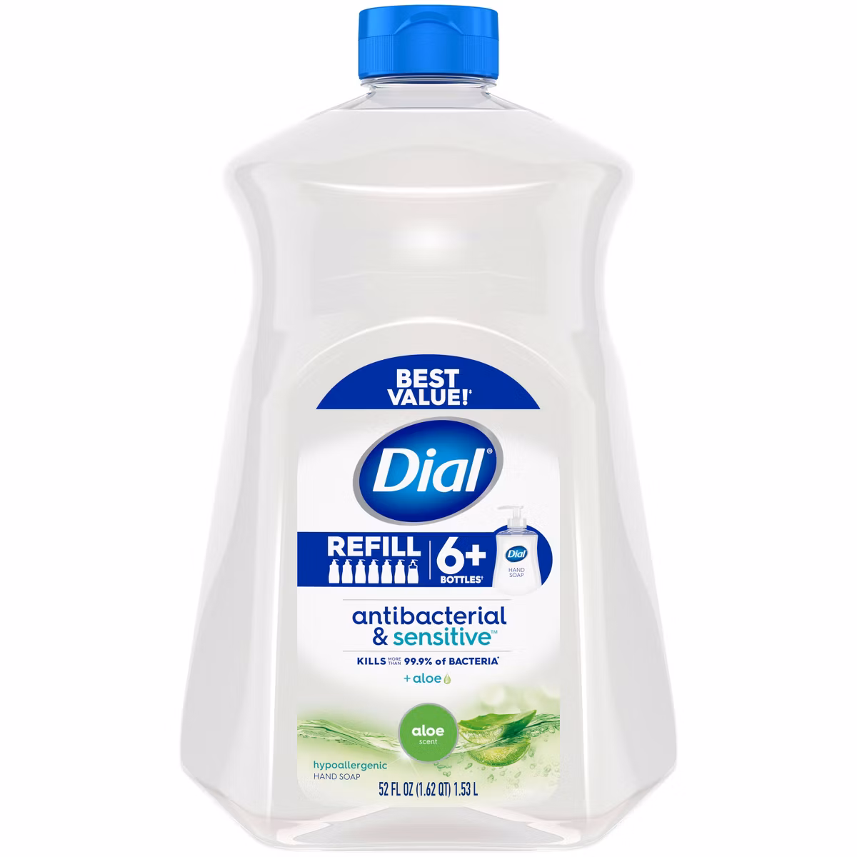Dial Antibacterial Liquid Hand Soap with Aloe Scent, Large Refill Bottles, Pack of 3 (52 oz Each)