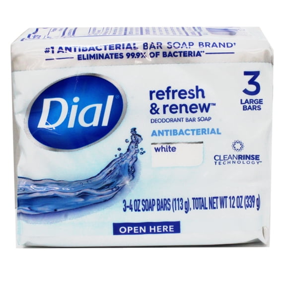 Dial Antibacterial Bar Soap, Refresh & Renew, White, 3 - 4 OZ Soap Bars - 18 Pack