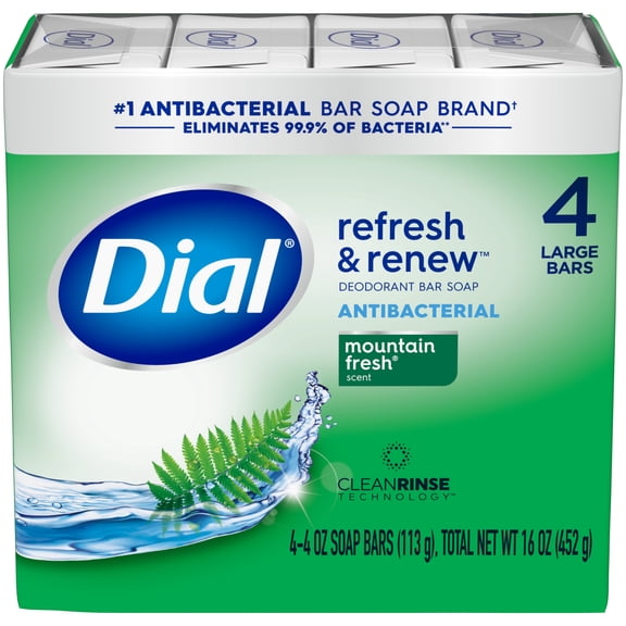 Dial Antibacterial Bar Soap, Refresh & Renew, Mountain Fresh, 4 oz, 4 Bars