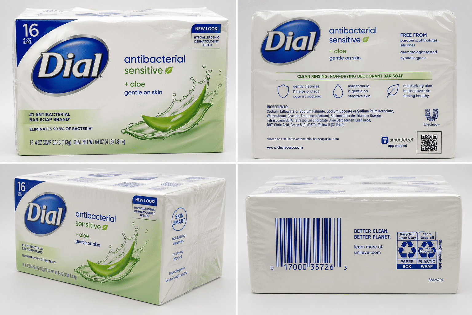 Dial Bar Soap, Antibacterial & Sensitive, Aloe Scent, 16 pk./4 oz.