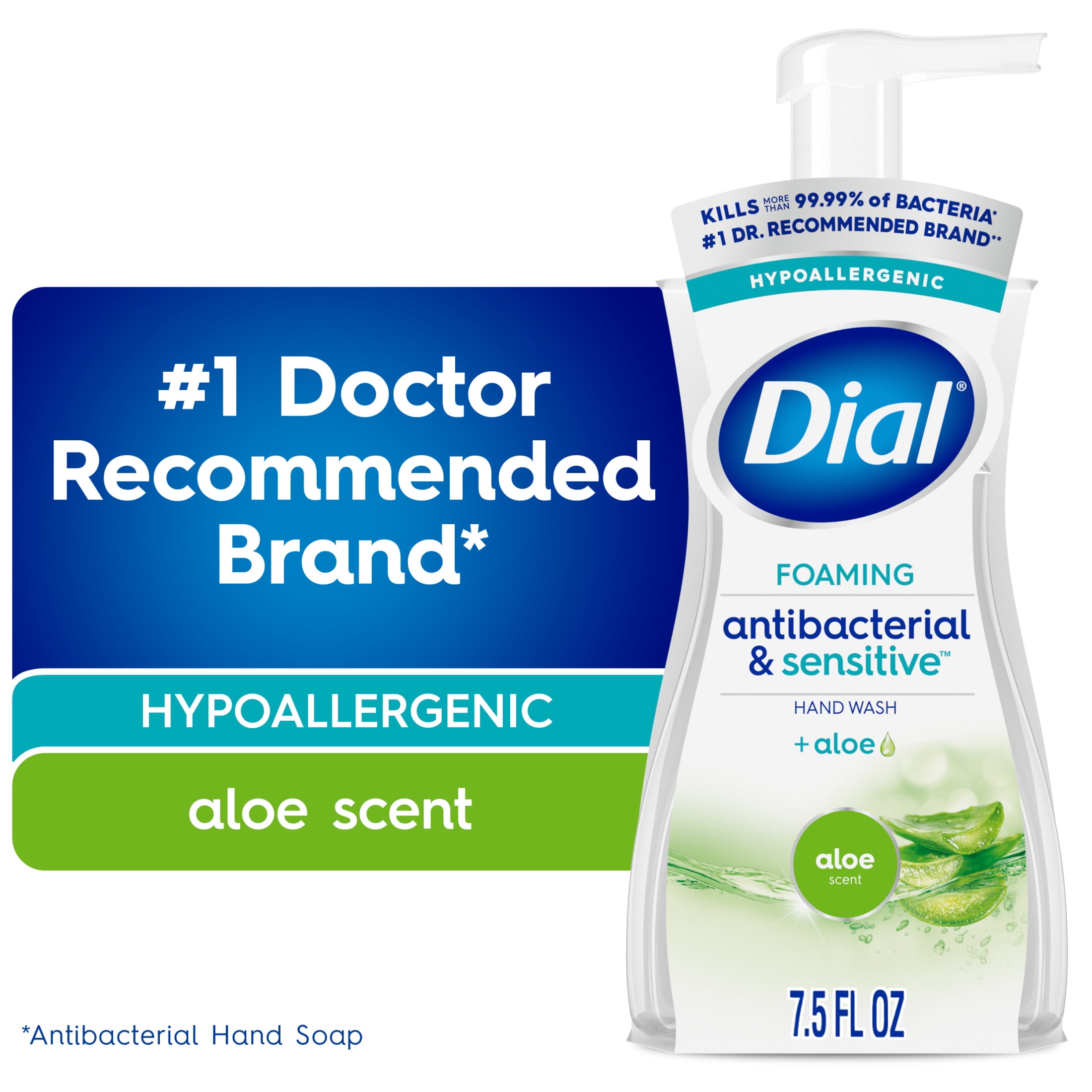 Dial Antibacterial & Sensitive Aloe Scent Foaming Hand Soap, Hypoallergenic, 7.5 fl oz