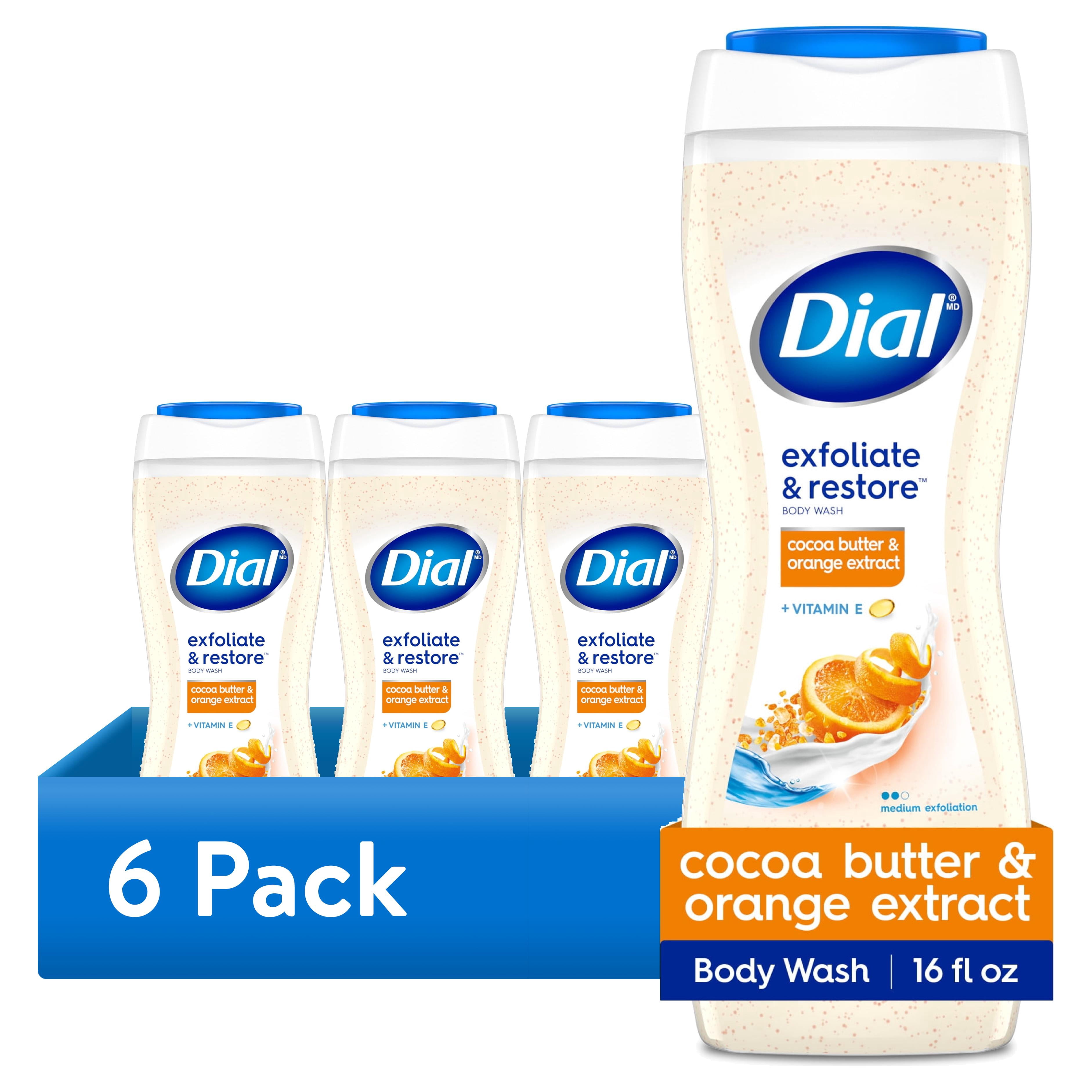 (6 pack) Dial Exfoliate & Restore Body Wash with Cocoa Butter, Orange Extract & Vitamin E, 16 fl oz