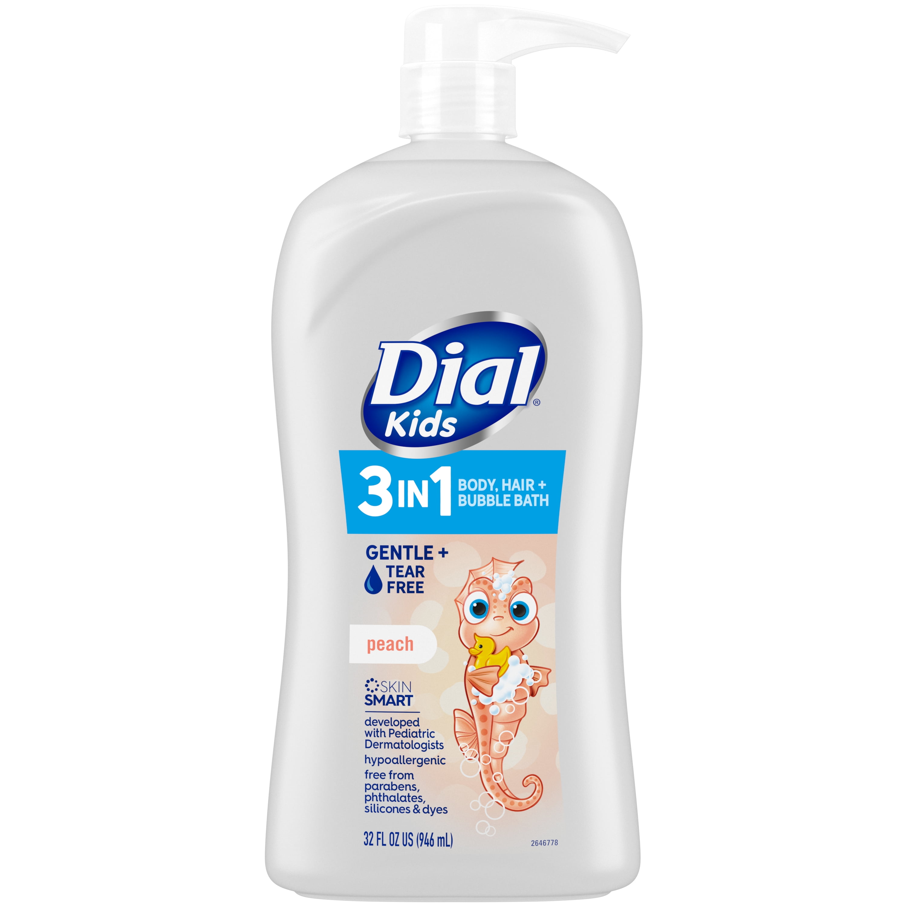 Dial Kids All-in-1 Body Wash, Hair Wash & Bubble Bath, Ages 2+, Tear-Free, Peach, 32 oz