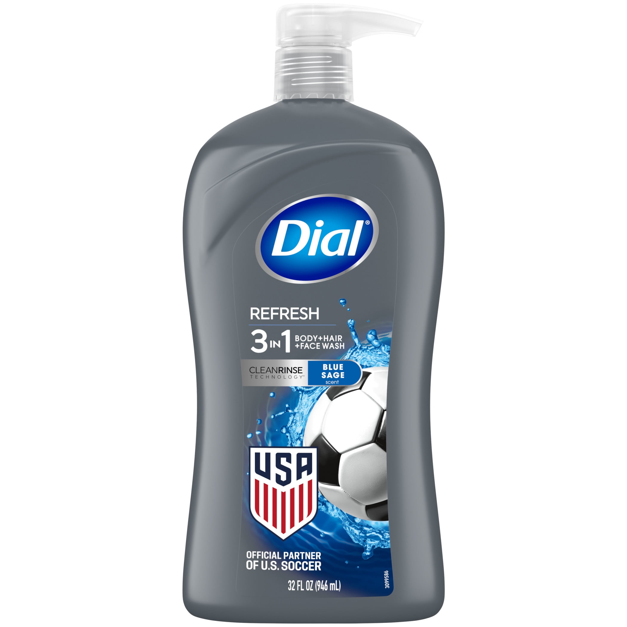 Dial Refresh 3-in-1 Men's Body Wash for Body, Hair & Face, Blue Sage Scent, 32 fl oz