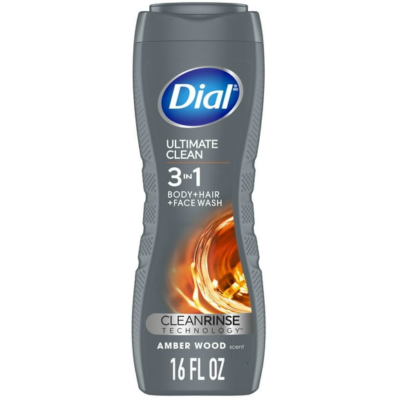 Dial Men 3in1 Body, Hair and Face Wash, Ultimate Clean, Amber Woods Scent, 16 fl oz
